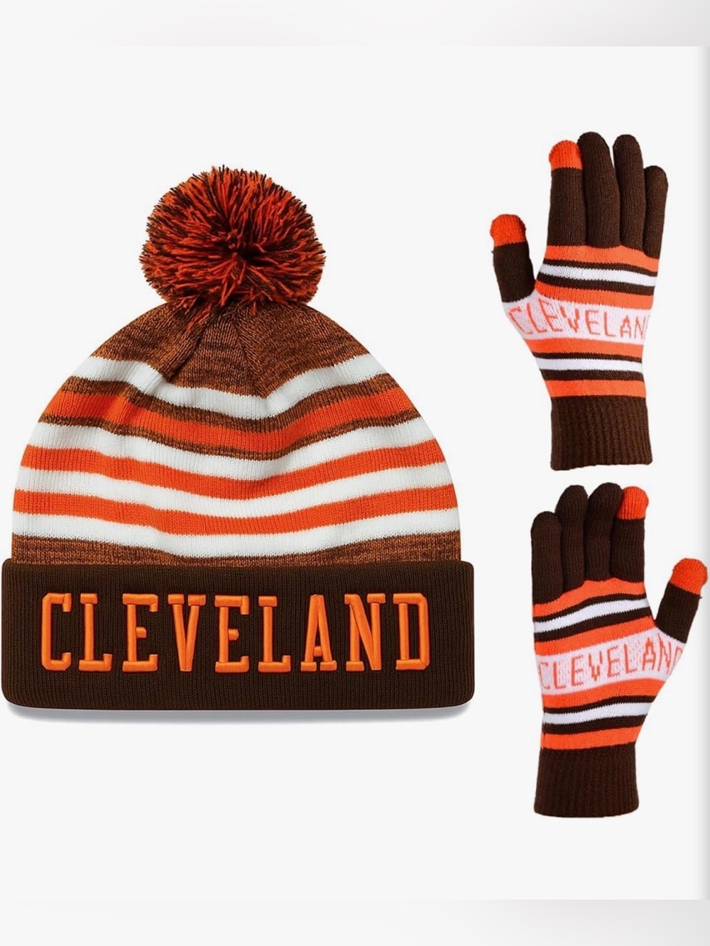 Cleveland Striped Pom Beanie & Gloves Set - Adult- Brown/Orange/White